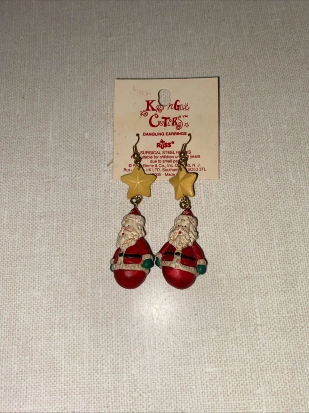 VTG Russ Kringle Cuties Dangle Earrings Surgical Steel Hooks Santa Claus